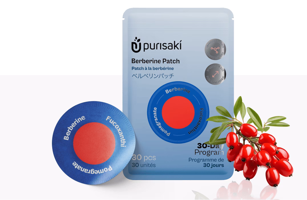 Purisaki Berberine Patch packaging with patch and pomegranate branding